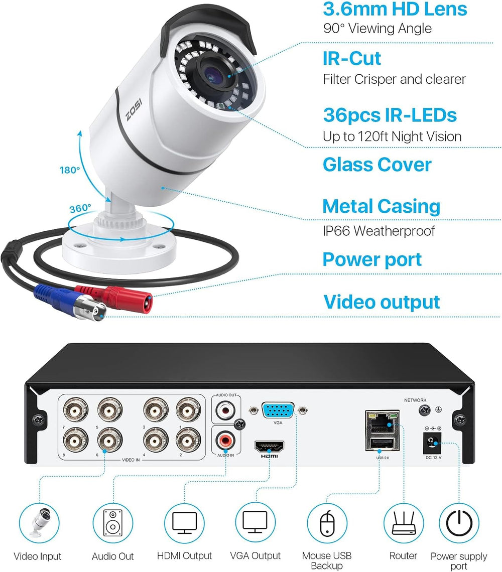 ZOSI 3K Lite Wired Security Camera System, 8 X 2MP Bullet Cameras, NO HDD