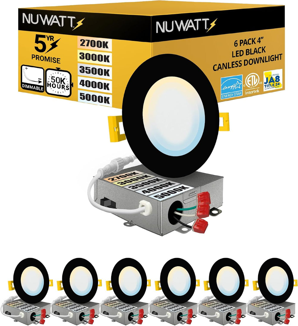 NUWATT 6 Pack, 4 Inch Ultra-Thin LED Recessed Lighting Black, 5CCT