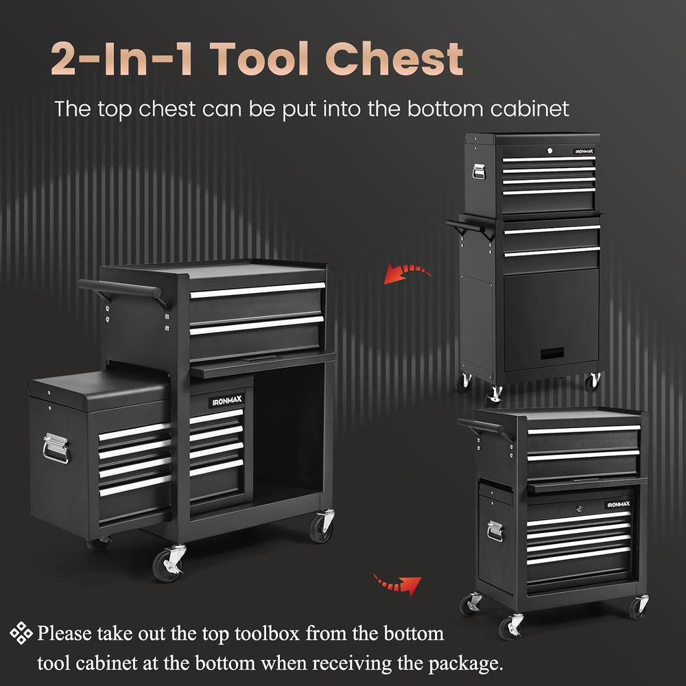 IRONMAX 6 Drawers Rolling Tool Chest, 2 in 1 Detachable Tool Chest, Black