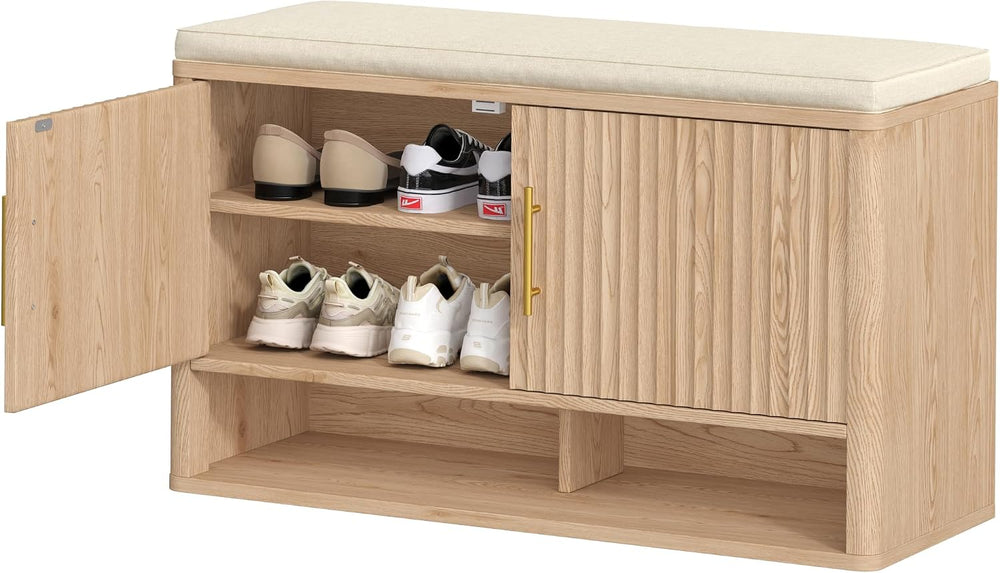 Fluted Shoe Storage Bench, Entryway Bench with Adjustable Shelves