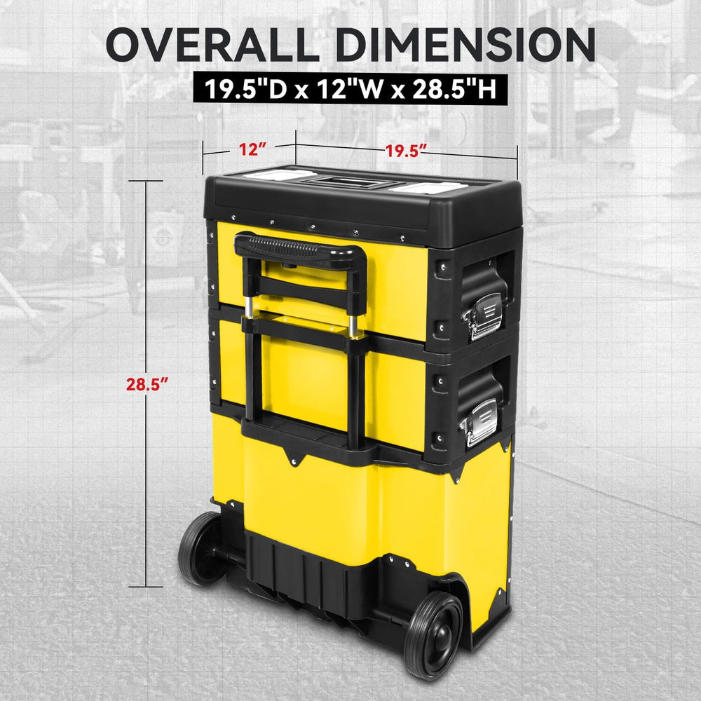 Auto Dynasty 3-Tier Rolling Trolley Tool Box Stackable w/Wheels, Yellow