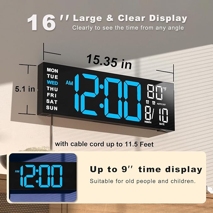 JALL 16" Large Digital Wall Mount Clock, Count Down Timer, Big LED, RGB ...