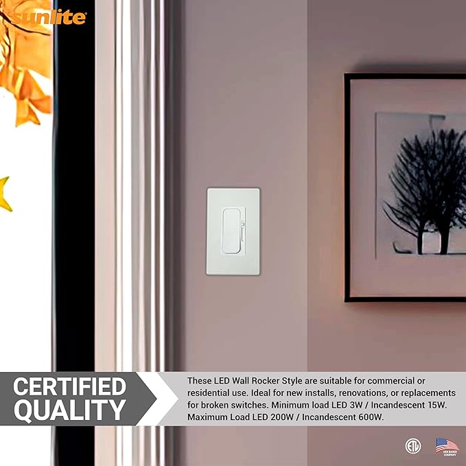 Sunlite LED Wall Rocker Style, Slide Bar Triac Dimmer Switch, Screwless Wall ...