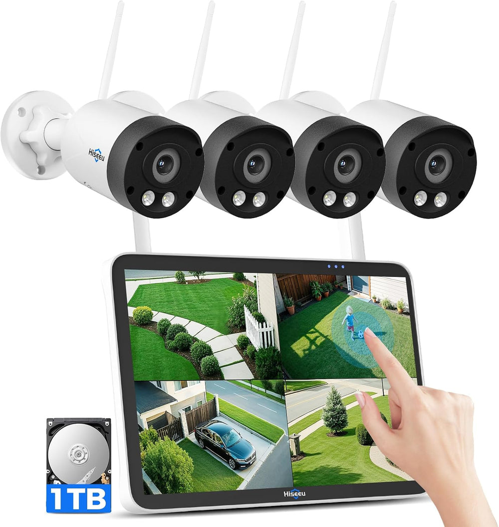 Hiseeu 8MP Outdoor Wireless Security Camera, 10" Touch Screen NVR, 1TB HDD