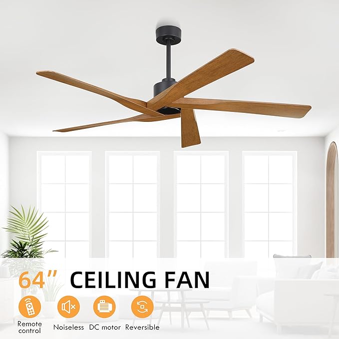 WINGBO 64" ABS DC Ceiling Fan No Light, 5 Blade ABS Plastic Ceiling Fan