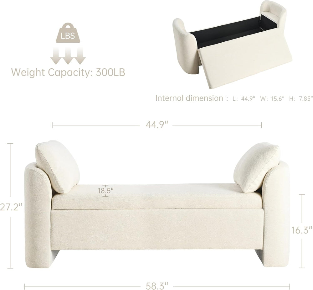 Usaint 58.3" Upholstered Storage Ottoman Bench with 2 Throw Pillows, Beige