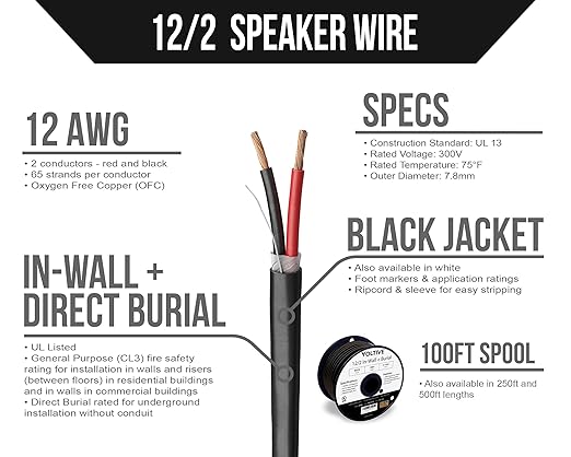 Voltive 12/2 Speaker Wire, in-Wall CL3 & Direct Burial, 100ft