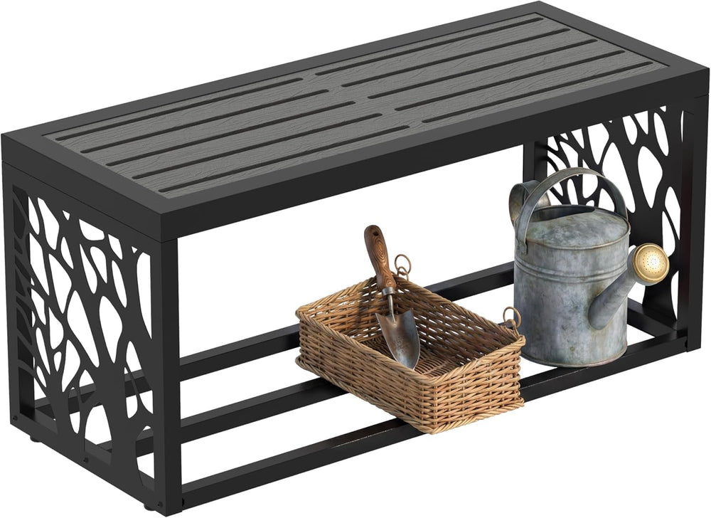 37" Outdoor Storage Bench, HDPE Seat, Steel Frame, Tree