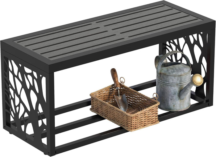 37" Outdoor Storage Bench, HDPE Seat, Steel Frame, Tree