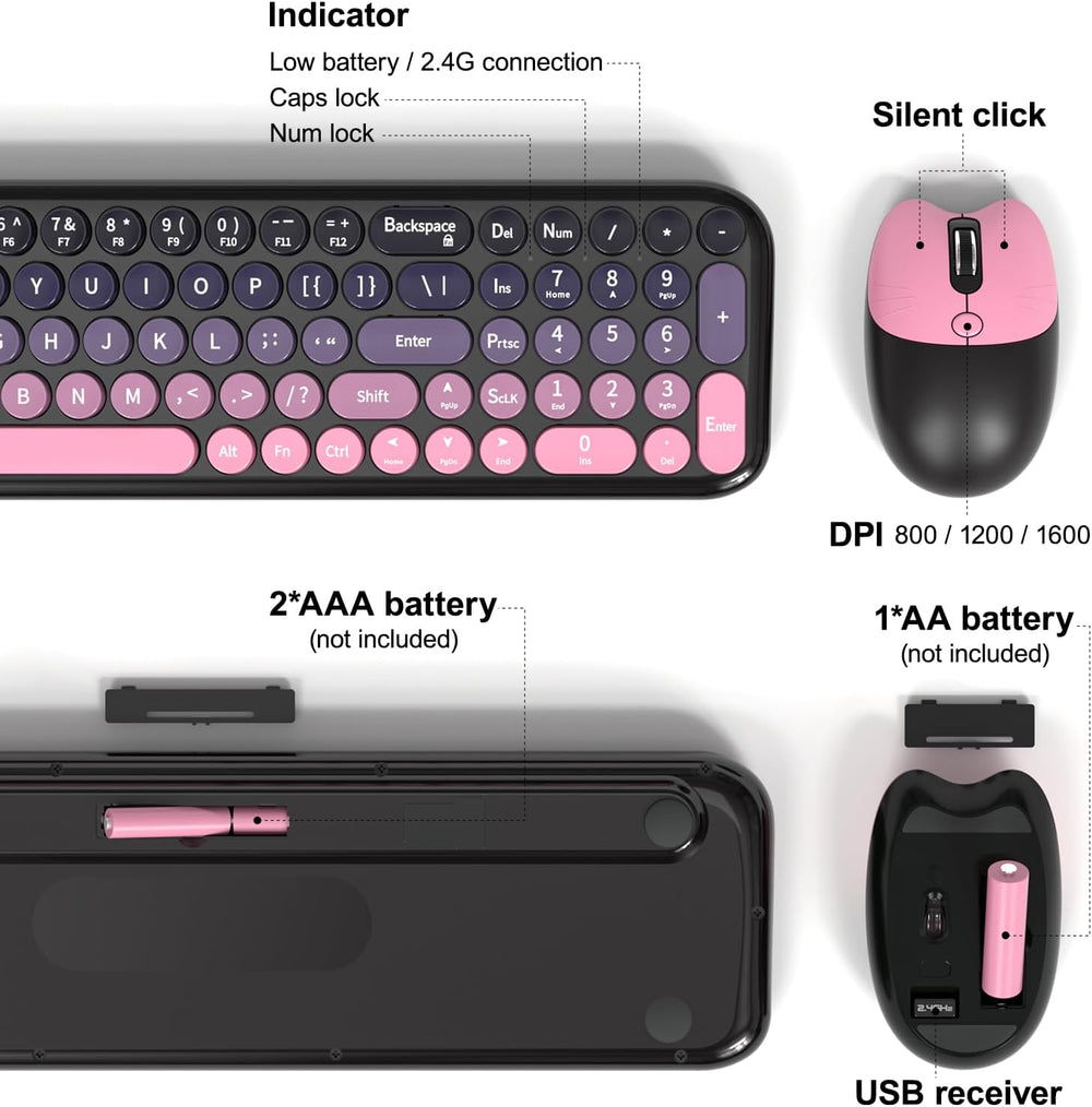 MOFII Wireless Keyboard and Mouse Combo, Compact Typewriter Retro Round Compu...