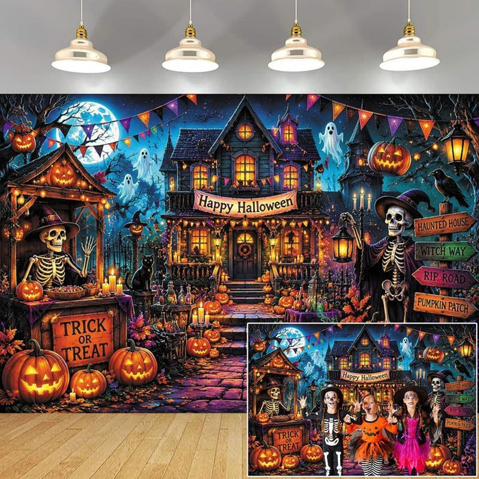 10x8ft Halloween Spooky Skeleton Ghost Photography Backdrop, Horror Castle Scary Pumpkin Black Cats Background, Fall Halloween Trick or Treat Party Banner Magic Witch Wall Decor Photo Props