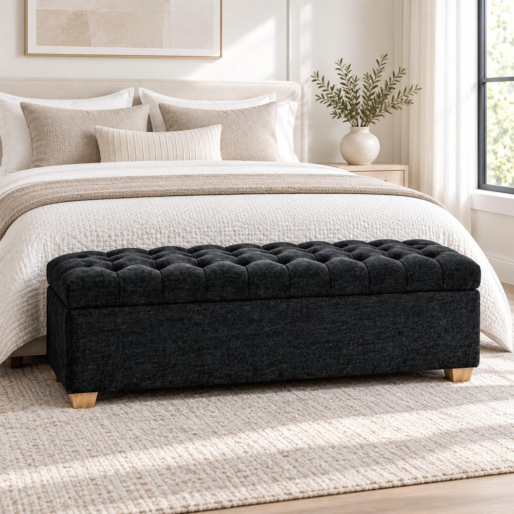 60" Storage Bench, Modern Glam Chenille Ottoman for King Queen Bed, Black
