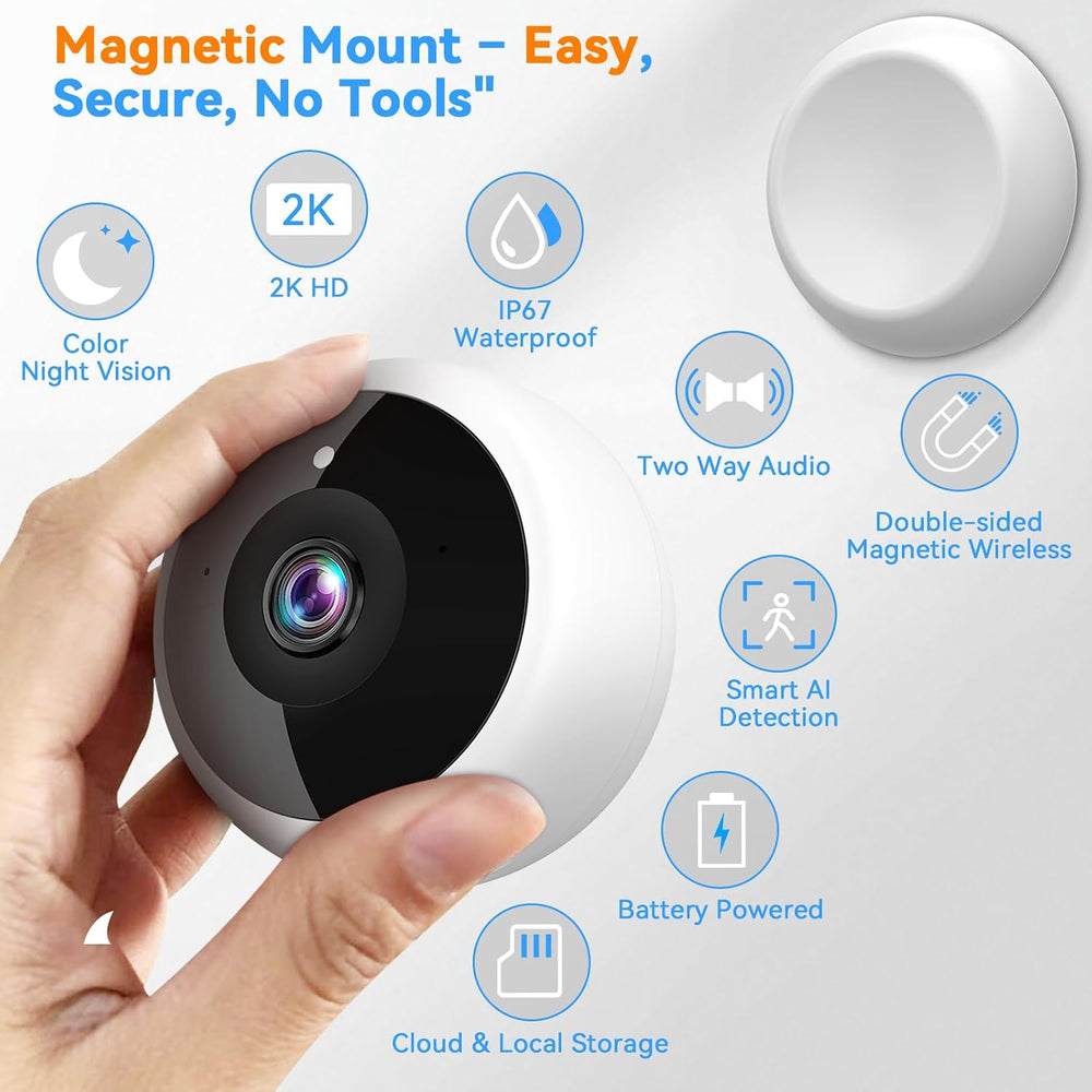 Magnetic Security Camera with Auto Night Vision: 2K Crystal Clear Picture