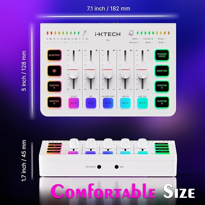 IXTECH Gaming Audio Mixer 4 Channel Soundboard, Streaming RGB PC Audio Interface