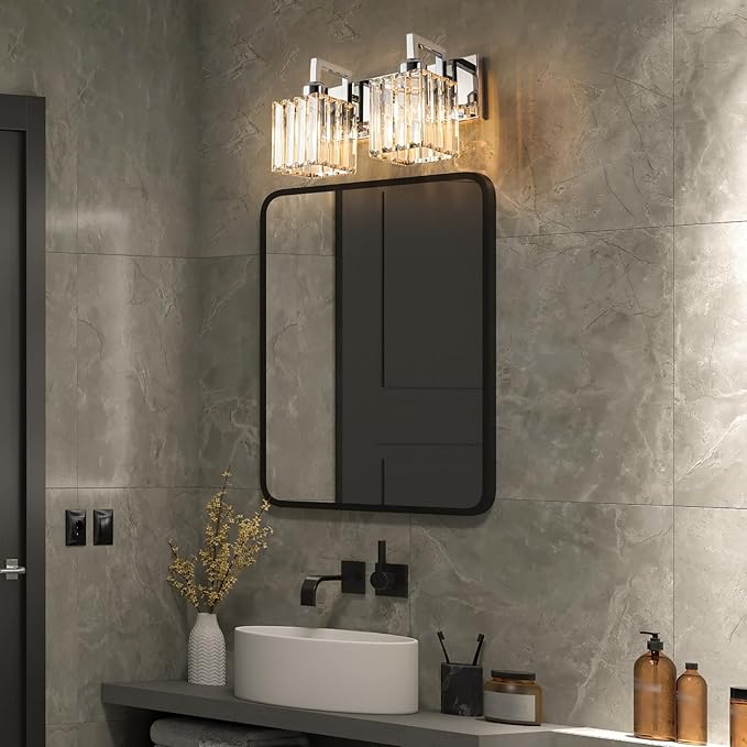 FDPBY Modern Bathroom Vanity Light 2-Lights Chrome Crystal Wall Lamp Bathroom