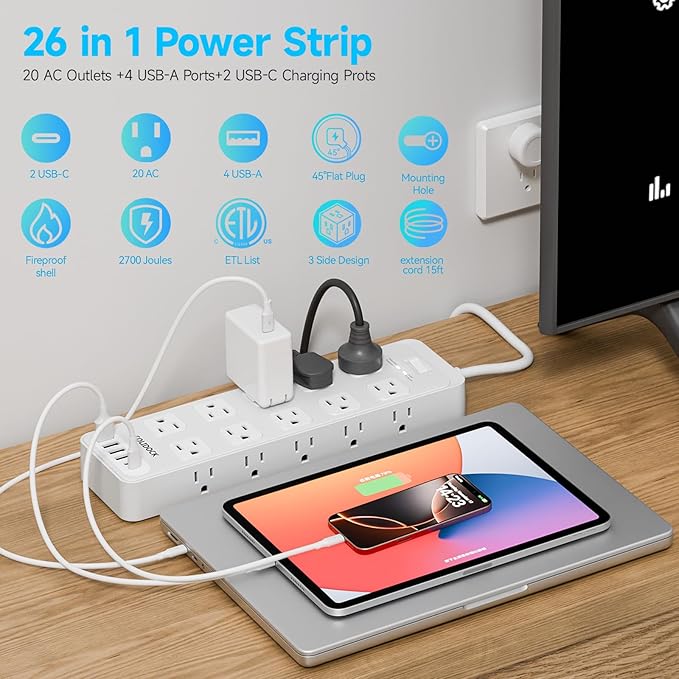 Solidock Power Strip Surge Protector Flat Plug