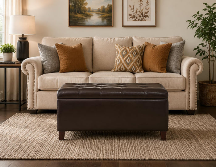 Asense Storage Ottoman Bench, 33" Faux Leather Upholstered End of Bed Bench with Safety Hinge,Wooden Legs,for Entryway Bedroom Living Room,Chocolate Brown
