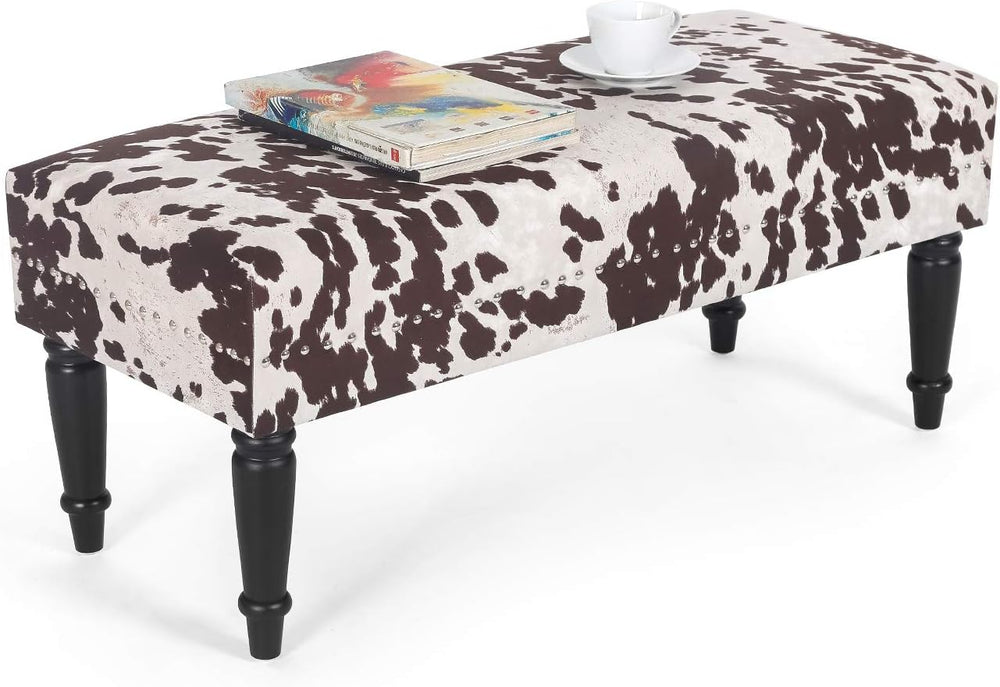 Homebeez 39.4" Cow Print Bench, Upholstered Bedroom Cowhide Bench, Weste...