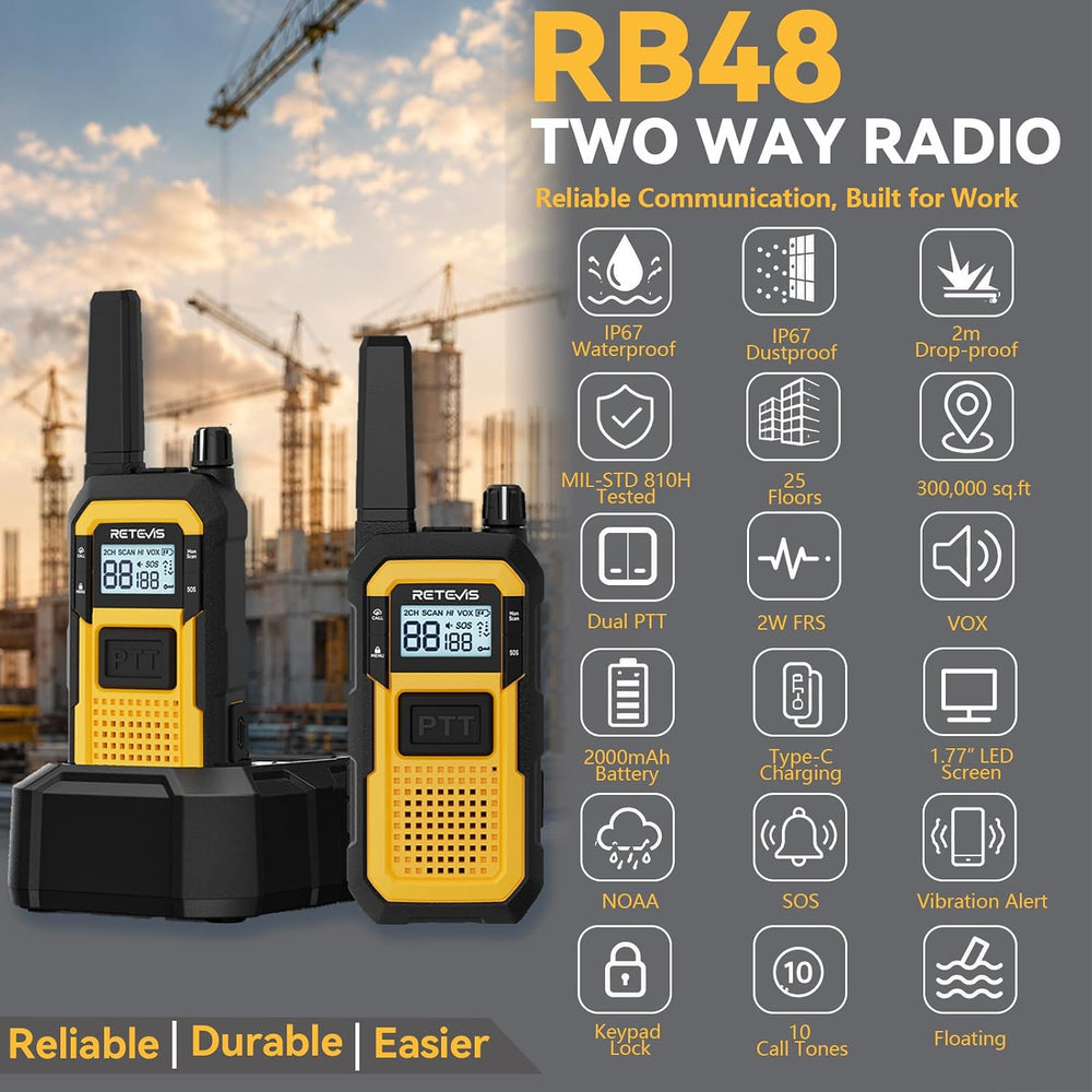 Retevis RB48 2 Way Radio Long Range, IP67 Waterproof Walkie Talkies Adults