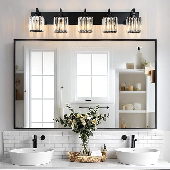 FDPBY Modern Bathroom Vanity Light 5-Lights Plating Black Vanity Light Crystal