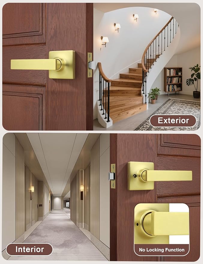 Mengico 4 Pack Passage Door Levers Gold Finish, No-Locking Keyless Square Door