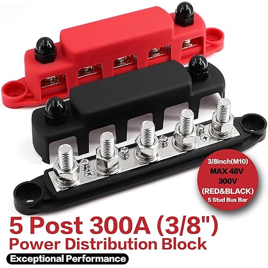 Tuijodaix 300A Bus Bar 5 Post 12V-48V DC Power Distribution Block, 5 * 3/8"