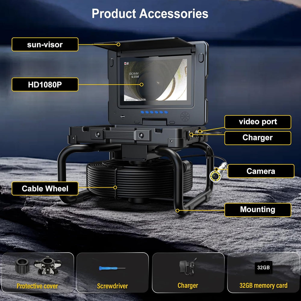 Sewer Camera with Self-Leveling DVR, 100ft Snake, 9" HD Screen