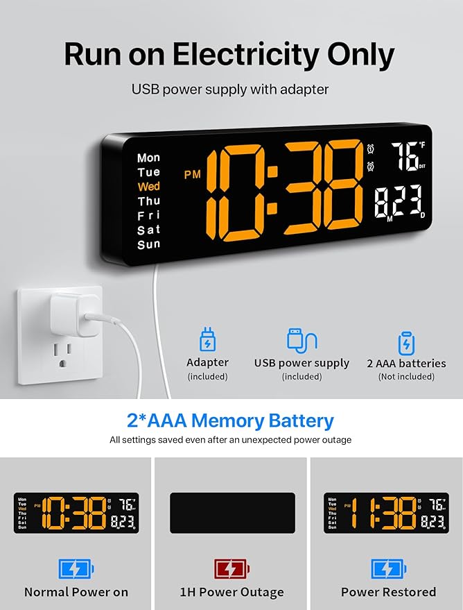 MASHI Digital Wall Clock, Auto-Dimming Wall Clock