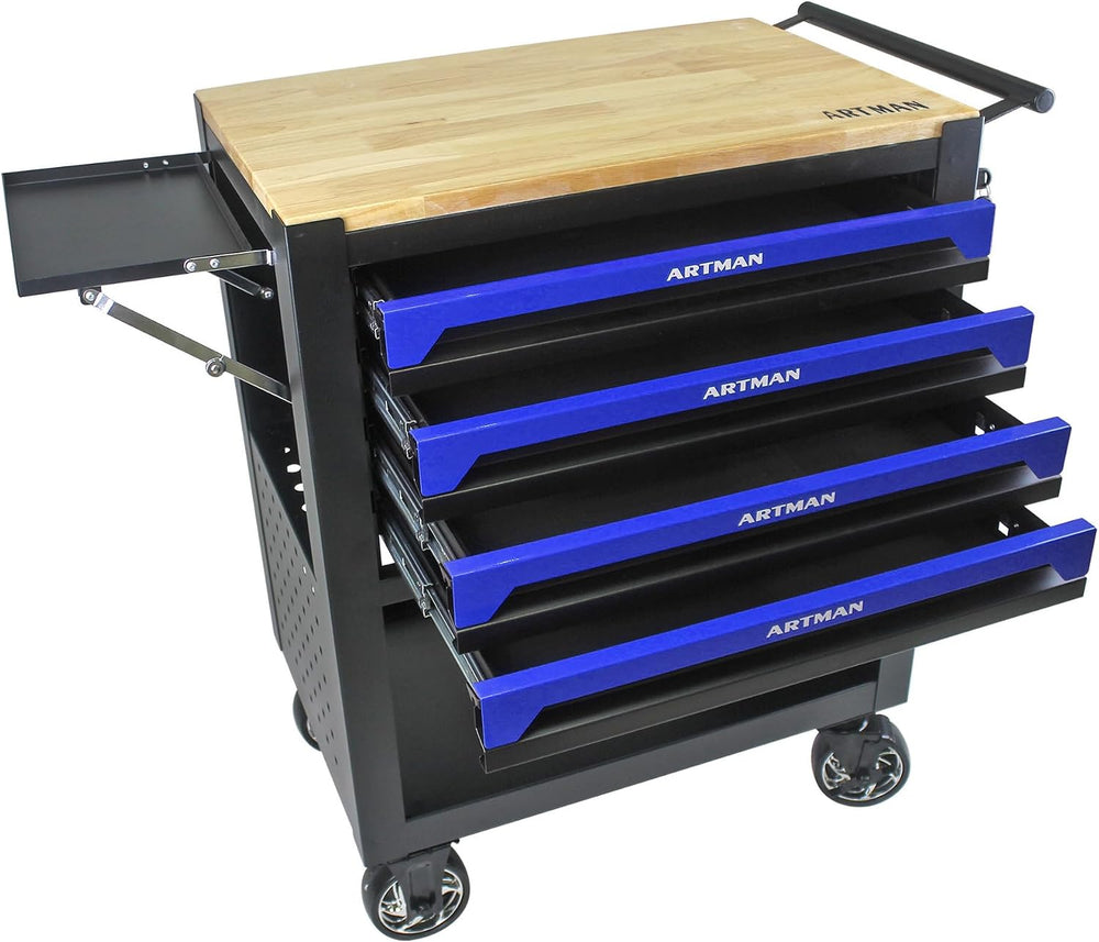 Lockable 4-Drawer Rolling Tool Chest with Wooden Top Workbench