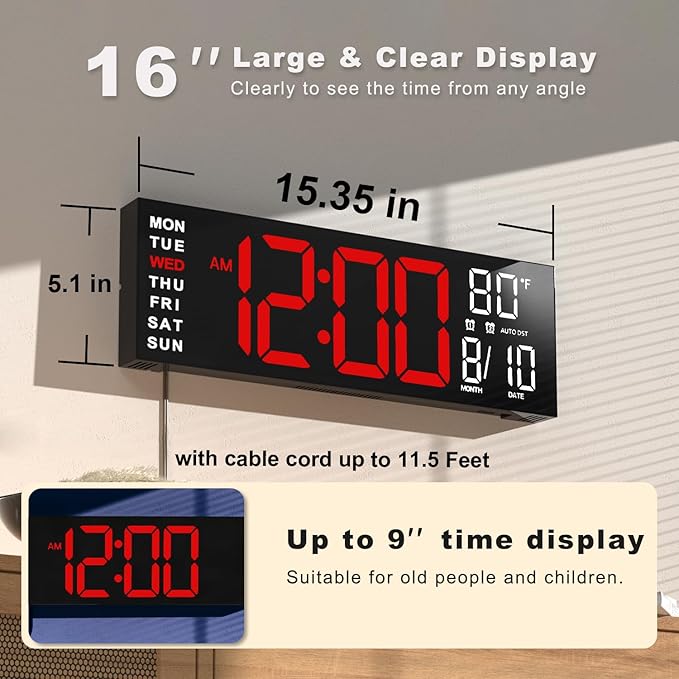 JALL 16" Large Digital Wall Mount Clock, Count Down Timer, Big LED, RGB ...