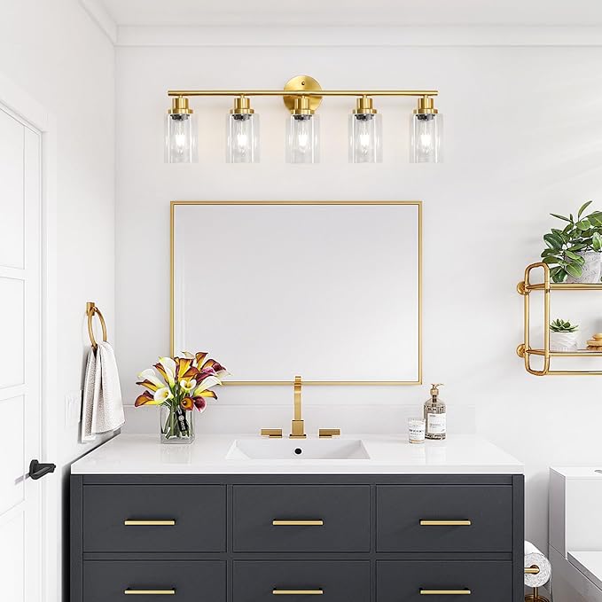 Guliaofo 5-Light Bathroom Vanity Lights, E26 Modern Brushed Gold Bathroom Light