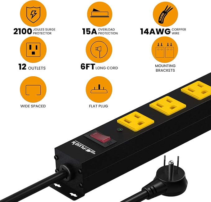 12 Outlet Long Power Strip, 2100 Joules Surge Protector, 6FT Power Cord (2 Pack)