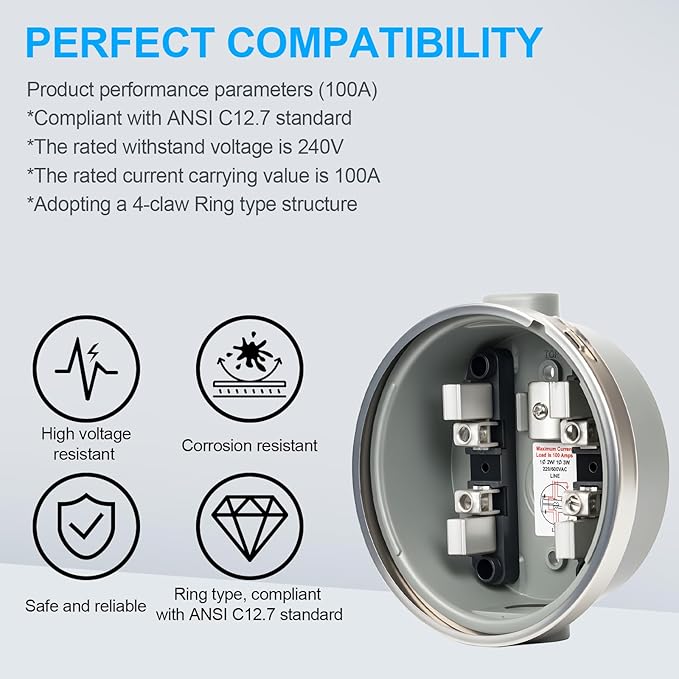100 Amp Meter Socket, 4 Jaw Meter Base, 240V 3 Wire Ring Type,