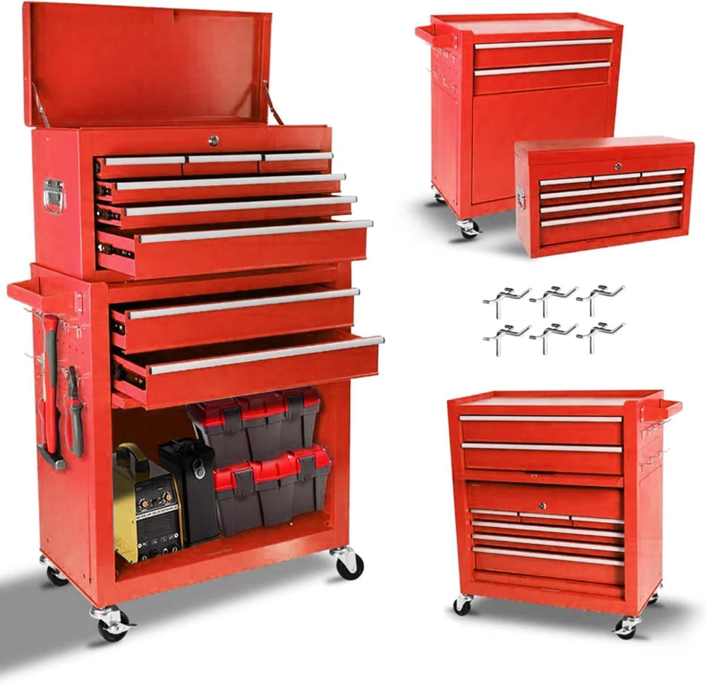 8 Drawers Rolling Tool Chest, 2-in-1 Detachable Metal Tool Storage Cabinet wi...