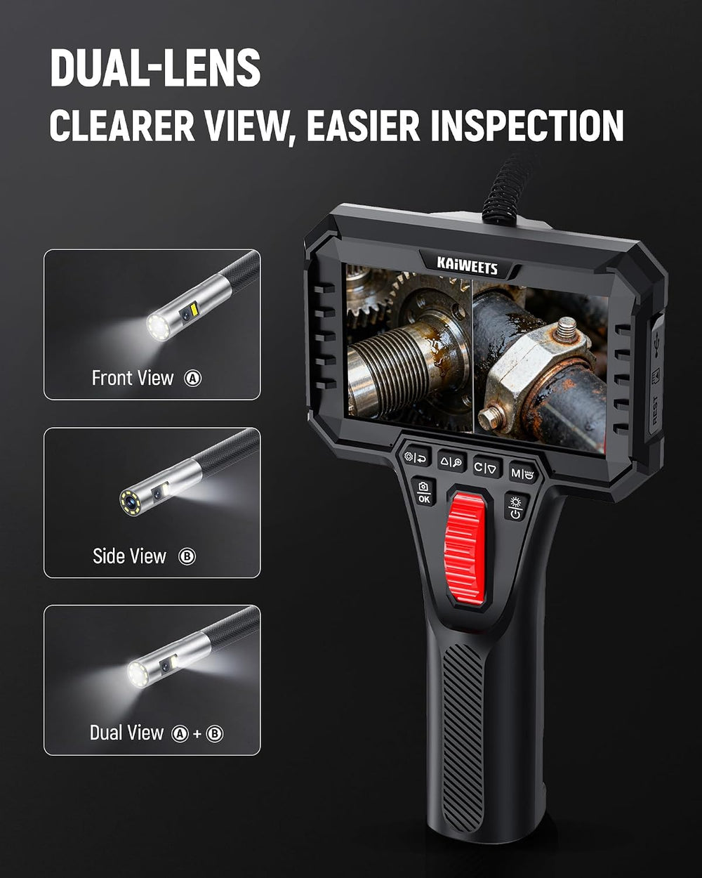 Dual Lens Two-Way Articulating Borescope Camera with Light, 0.25in Slim Probe...