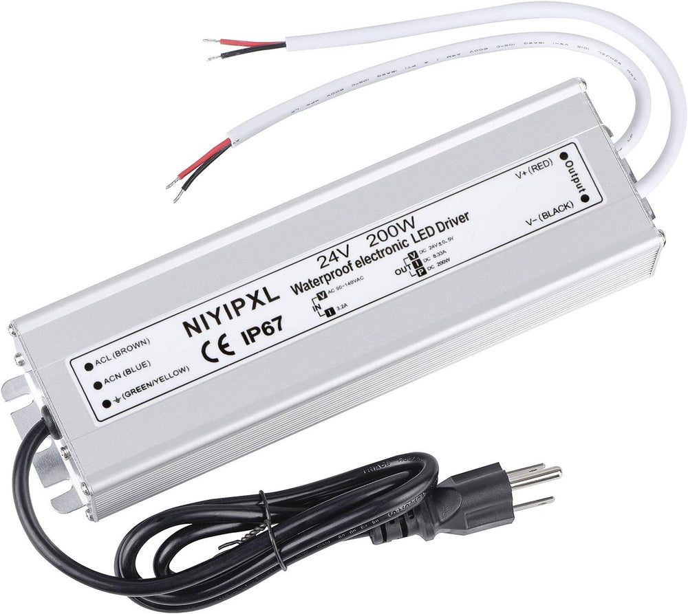LED Driver 200 Watts 24V DC Low Voltage Transformer， Waterproof IP67 LED Power