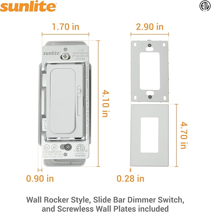 Sunlite LED Wall Rocker Style, Slide Bar Triac Dimmer Switch, Screwless Wall ...