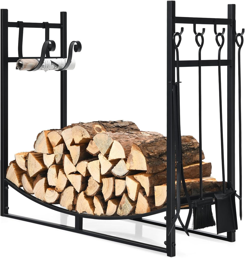 IRONMAX 30 Inch Firewood Rack with Fireplace Tools Set & Kindling Holder