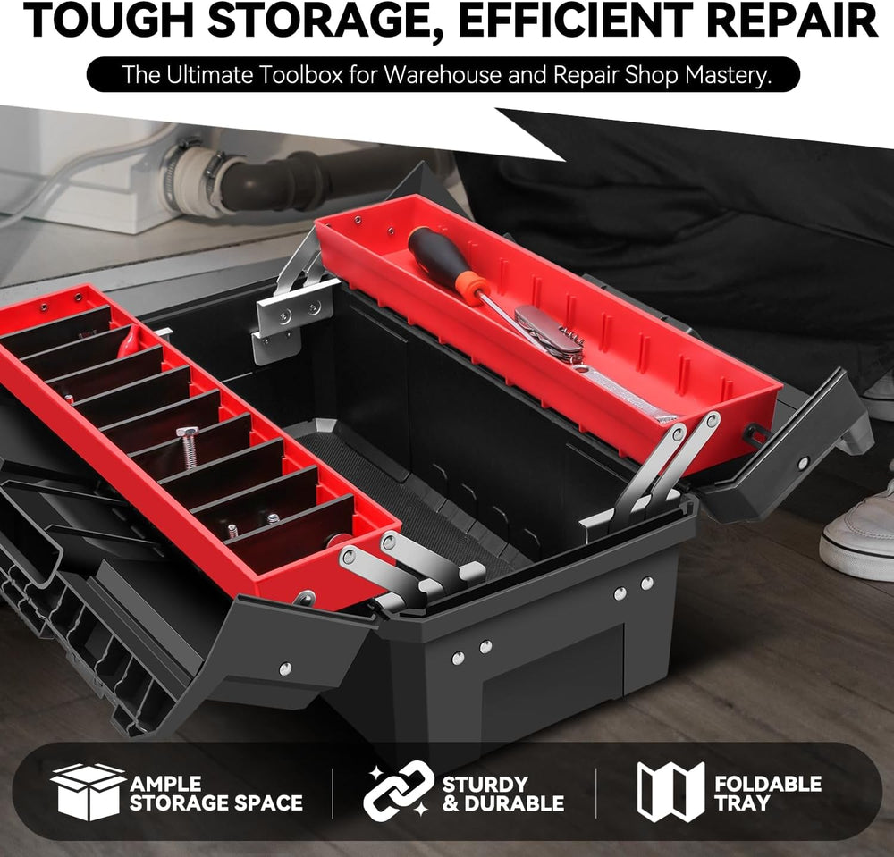 Auto Dynasty Foldable 2-layer Tool Box w/Non-Slip Handle Tray Storage, Red
