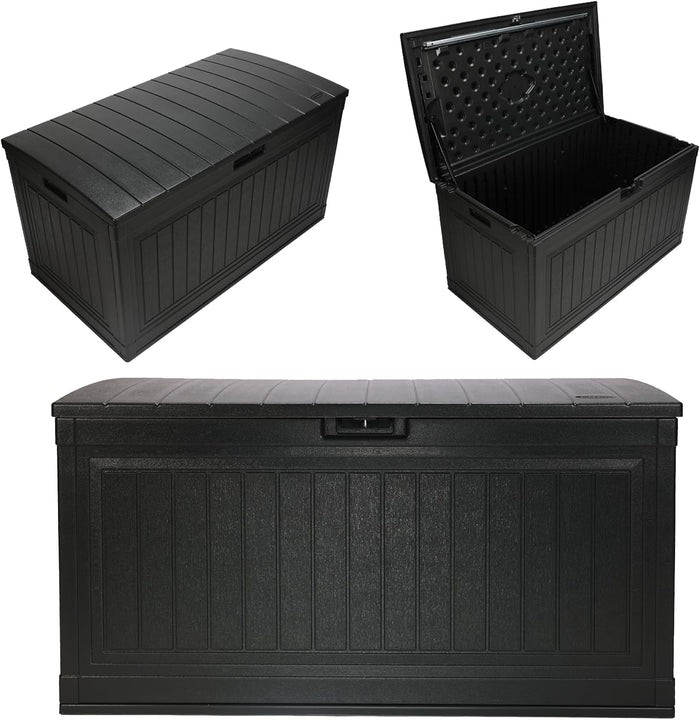Suncast 80 Gal, Large Outdoor Patio Deck Box, Pad-Lockable Lid, Iron Ore
