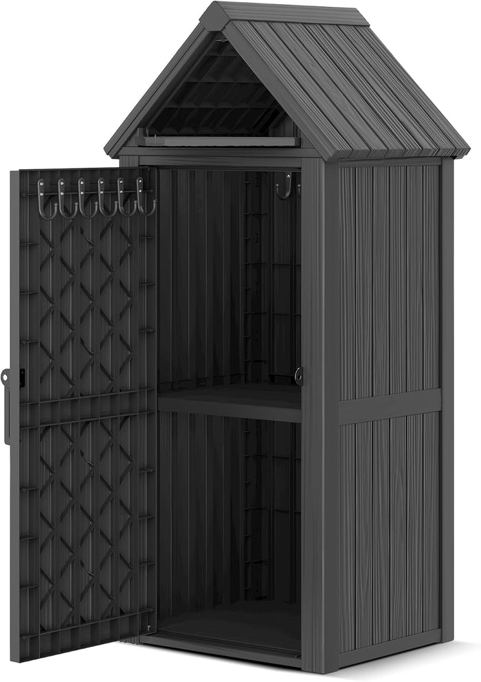 Outdoor Storage Shed, Waterproof Storage Cabinet with Sloping Roof and Lockable Door, Resin Shed with Ample Space, Multiple Hooks for Backyard Patio, Garden, Lawn, Classic Black
