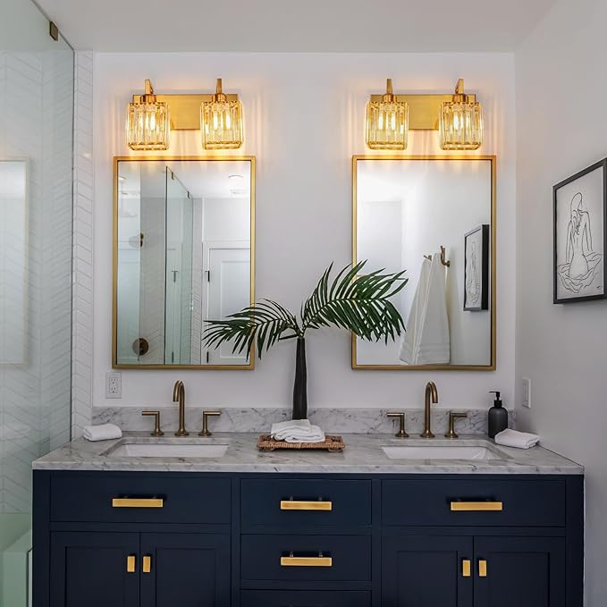 FDPBY Modern Bathroom Vanity Light 2-Lights Gold Crystal Wall Lamp Bathroom