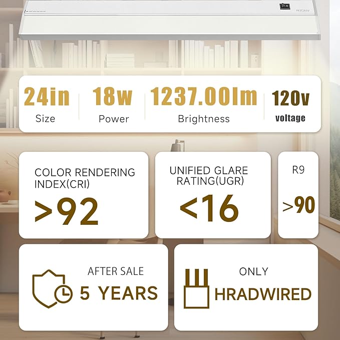 Ansen Hardwired Under Cabinet Lighting, 24in 18W LED Light