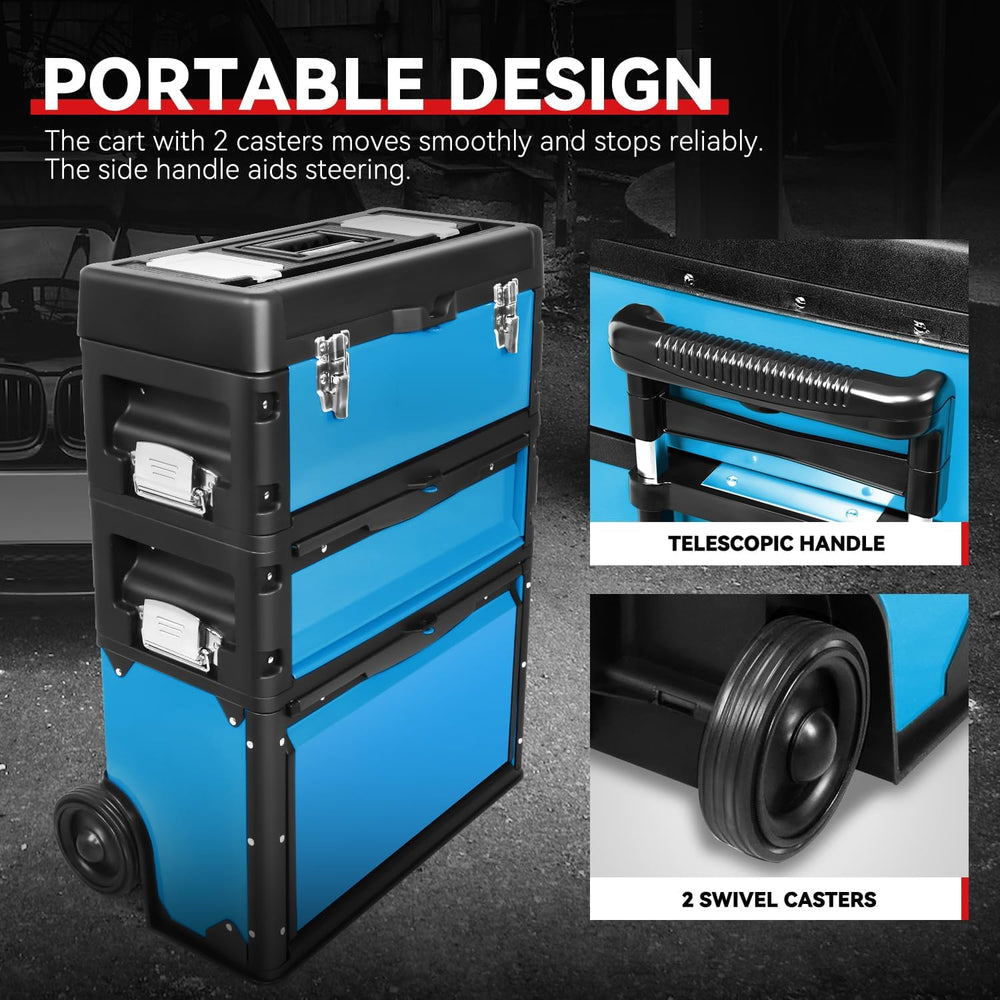 Auto Dynasty 3-Tier Rolling Trolley Tool Box Stackable w/Wheels, 19.5" Blue