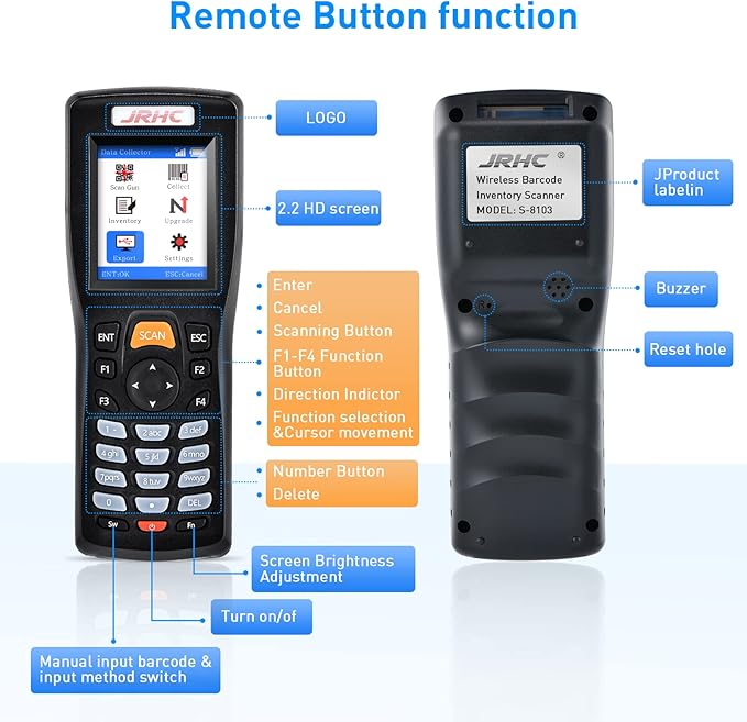 JRHC Wireless Barcode Scanner, Portable Inventory Scanner 1D 2D&PDF417 Data
