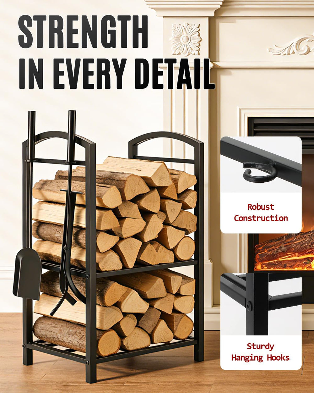 29" Heavy Duty Firewood Rack Indoor with 4 Fireplace Tools Set