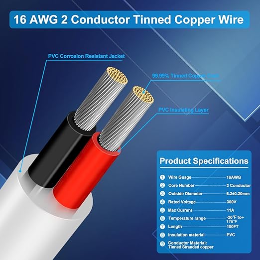 16 Gauge 2 Conductor Electrical Wire, 100FT Low Voltage 16/2 Tinned Copper
