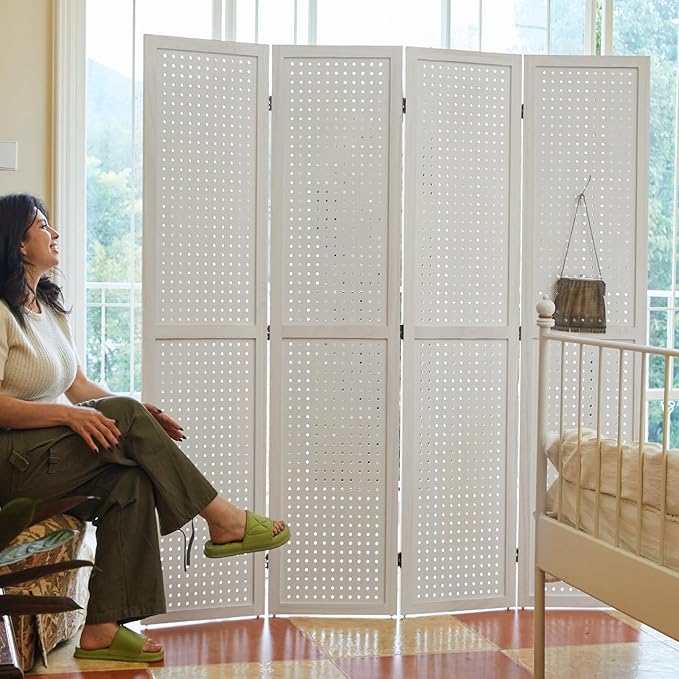 Room Divider Freestanding Folding Pegboard Privacy Screen 4-Panel Display Stand