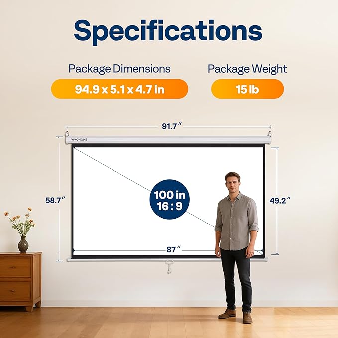 VIVOHOME 100 Inch 16:9 Pull Down Projector Screen, HD 4K Retractable Movie