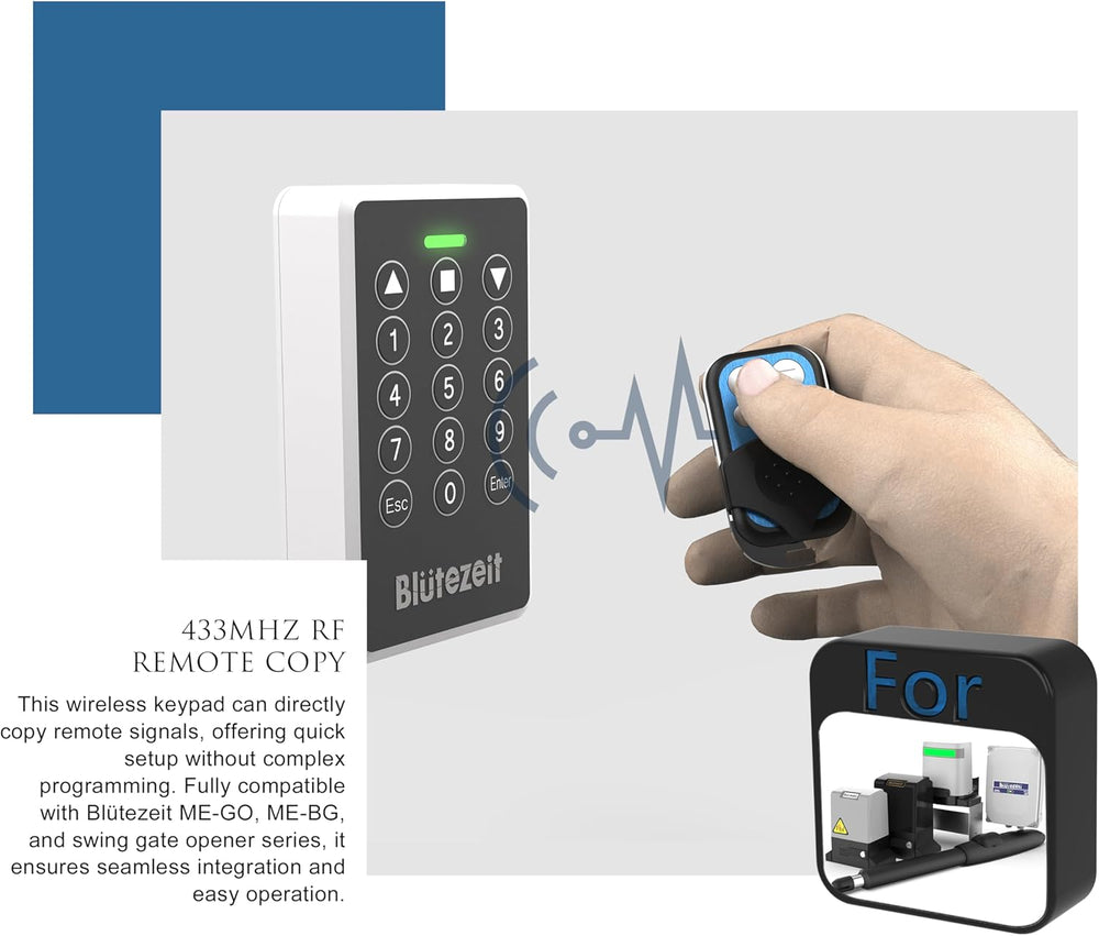 Blütezeit Wireless Keypad with IP54 Waterproof Cover for 433MHz Gate Openers,...